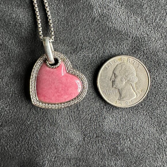 David Yurman Large Pink Heart Pendant Necklace w/ Rhodonite & White Diamonds 18" - Picture 12 of 16
